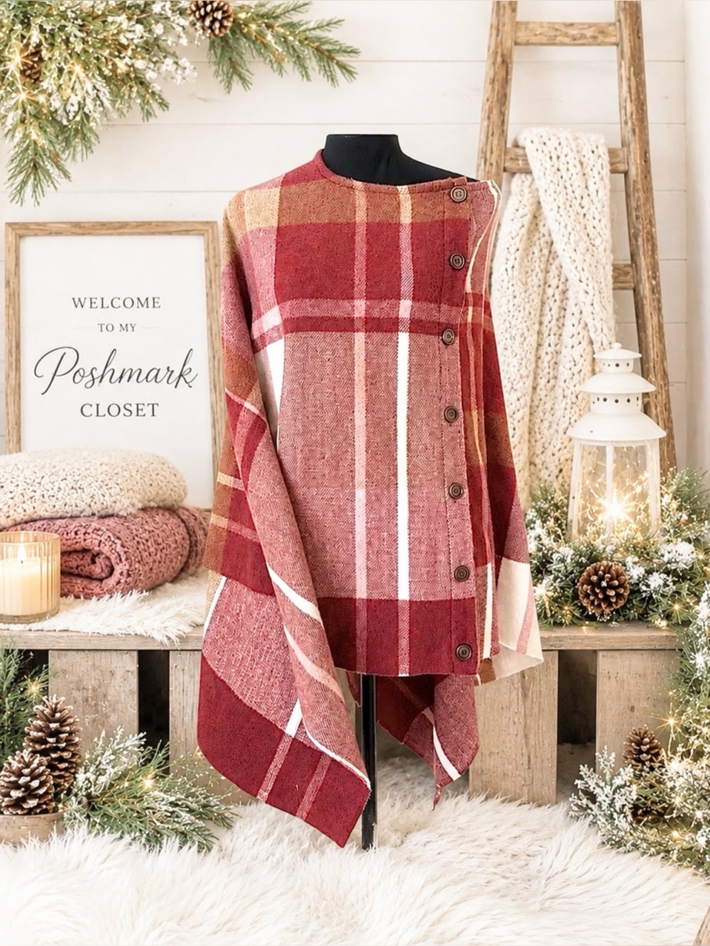 Simply Noelle Plaid Button Cape Wrap Poncho Red Pink One Size - Picture 7 of 12